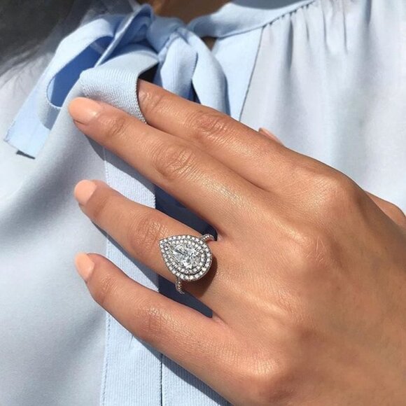 "Wedding Large Pear Double Layer Water Drop Silver Ring for Women, VIP505 - Picture 8 of 10